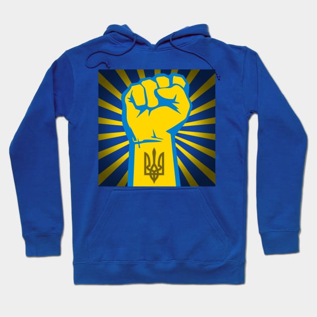 Peace for Ukraine! I Stand With Ukraine. Powerful Freedom, Fist in Ukraine's National Colors of Blue and Gold (Yellow) and Ukraine's Coat of Arms on the Wrist with Blue and Gold (Yellow) Sunburst Hoodie by Puff Sumo